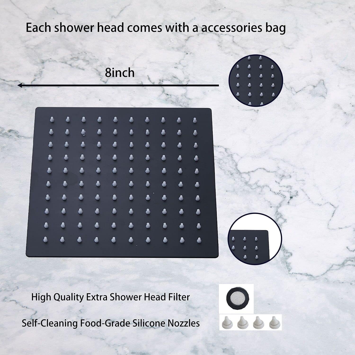 8 Inch Square Rain Shower Head Stainless Steel Shower Head High Pressure Shower Head Ultra Thin Rainfall Bath Shower Self-Cleaning Silicon Nozzle Oil Rubbed Bronze Black Shower Head