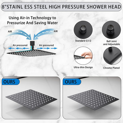 8 Inch Square Rain Shower Head Stainless Steel Shower Head High Pressure Shower Head Ultra Thin Rainfall Bath Shower Self-Cleaning Silicon Nozzle Oil Rubbed Bronze Black Shower Head