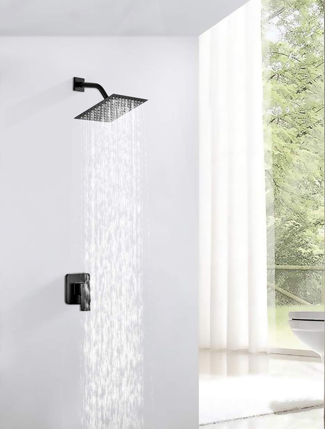 8 Inch Square Rain Shower Head Stainless Steel Shower Head High Pressure Shower Head Ultra Thin Rainfall Bath Shower Self-Cleaning Silicon Nozzle Oil Rubbed Bronze Black Shower Head